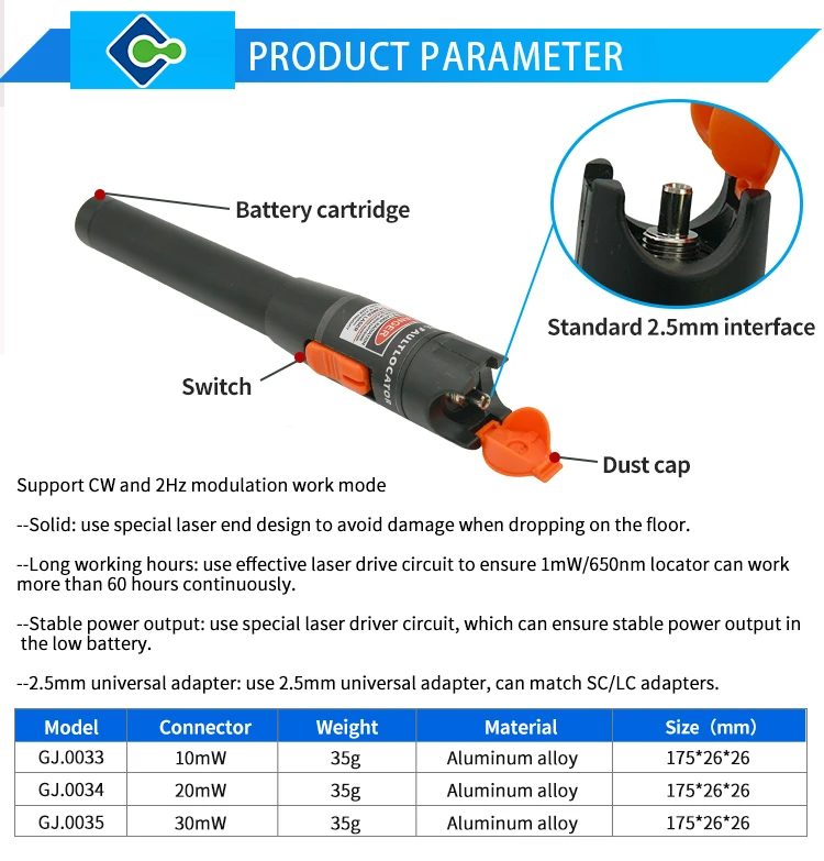 FTTH SC/FC/ST Adaptor Fiber Optic Cable Tester Red Laser Light 10mw Pen Type VFL Fiber Visual Fault Locator Installing Testing