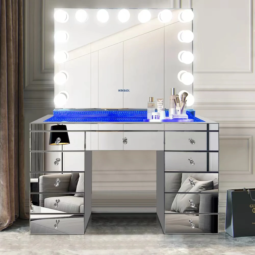Top Seller Contemporary Crushed Diamond Mirrored Furniture Vanity Dresser Mirrored Dressing Table with Makeup Hollywood Mirror