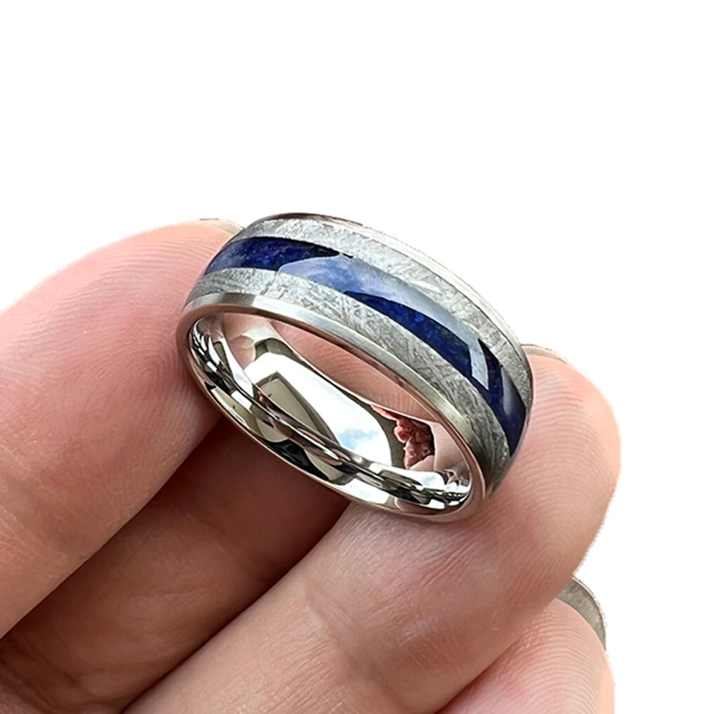 8mm Men Women Wedding Band Titanium Rings Real Meteorite & Lapis Inlay Domed Comfort Fit Tungsten Stainless Steel Available