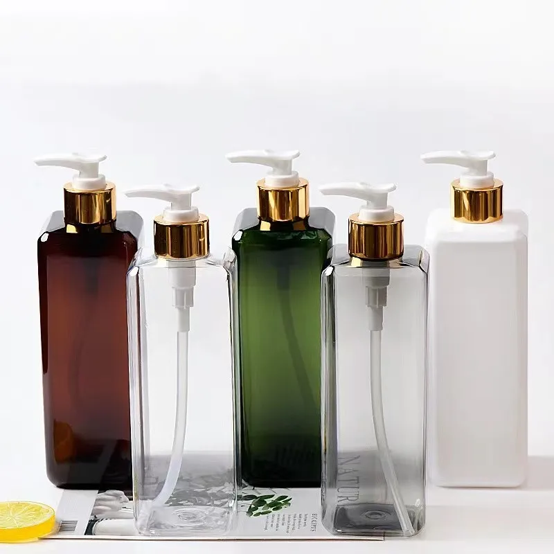 Wholesale Empty Cosmetic Pump Containers 500ml 300ml Square Shampoo Body Lotion PET Plastic Bottles with Black Lotion Pumps