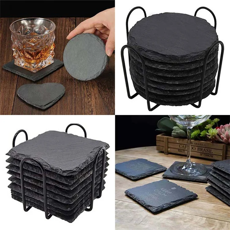 4 Inch Natural Round Square Slate Coaster Customized Set With Bracket Slate White Beverage Tea Coffee  Drink Slate Coaster