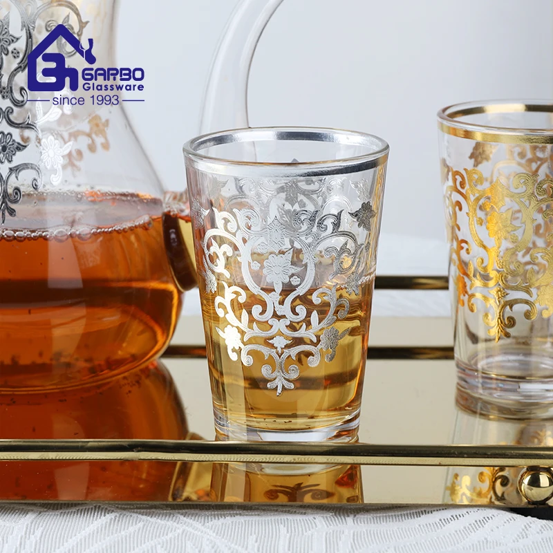 Top sales Morocco printed 130ml glass tea cup with silver&golden customized designs gold rim tea glass moroccan tea set