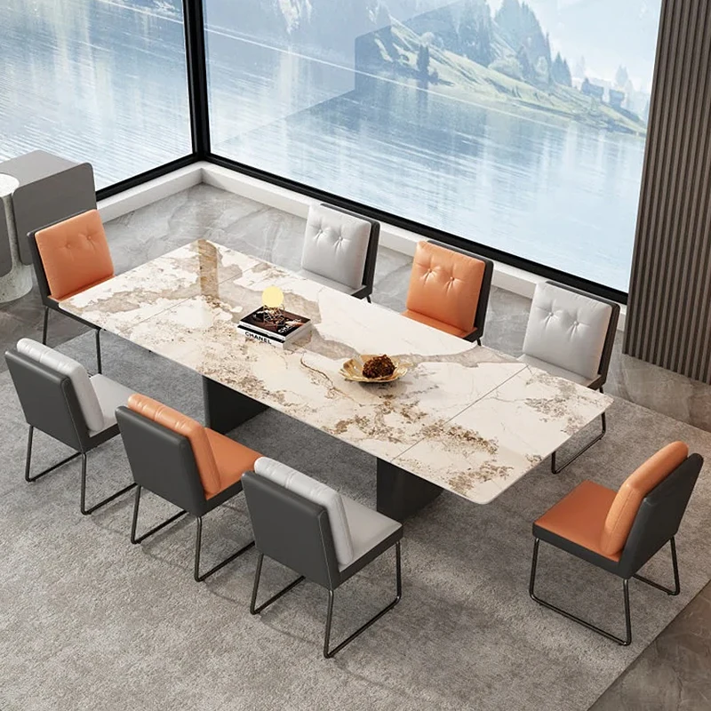 Rectangular Restaurant Metal Steel Marble furniture party Dinning Table set 8 Seater with Buffet Table for 8 Person