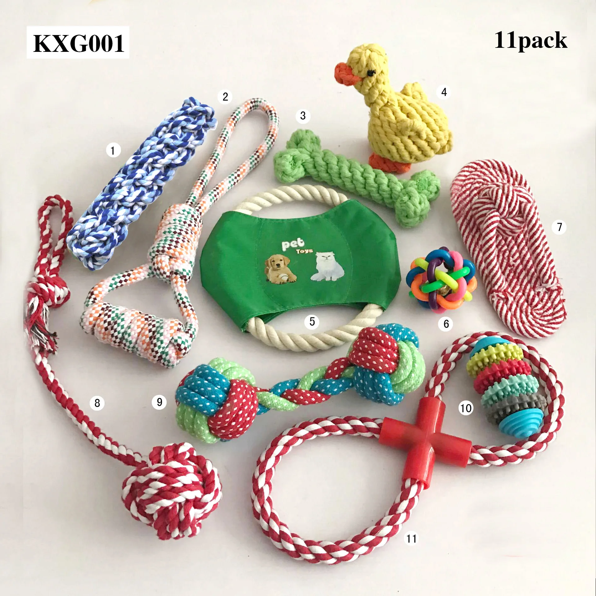 
Custom pet dog chew toy ball rubber cotton rope squeaky dog toy set 