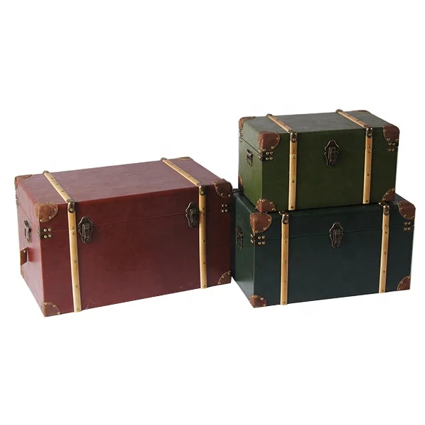 
Hot Selling Antique Rectangle Wooden Base Pu Set of 3 Storage Trunk 