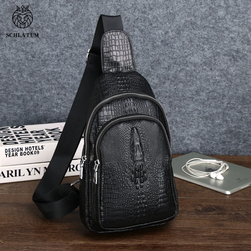 SCHLATUM Fashion Man Streetwear Travel Manufacture Phone Genuine Cow Leather Crossbody Sling Chest Bags