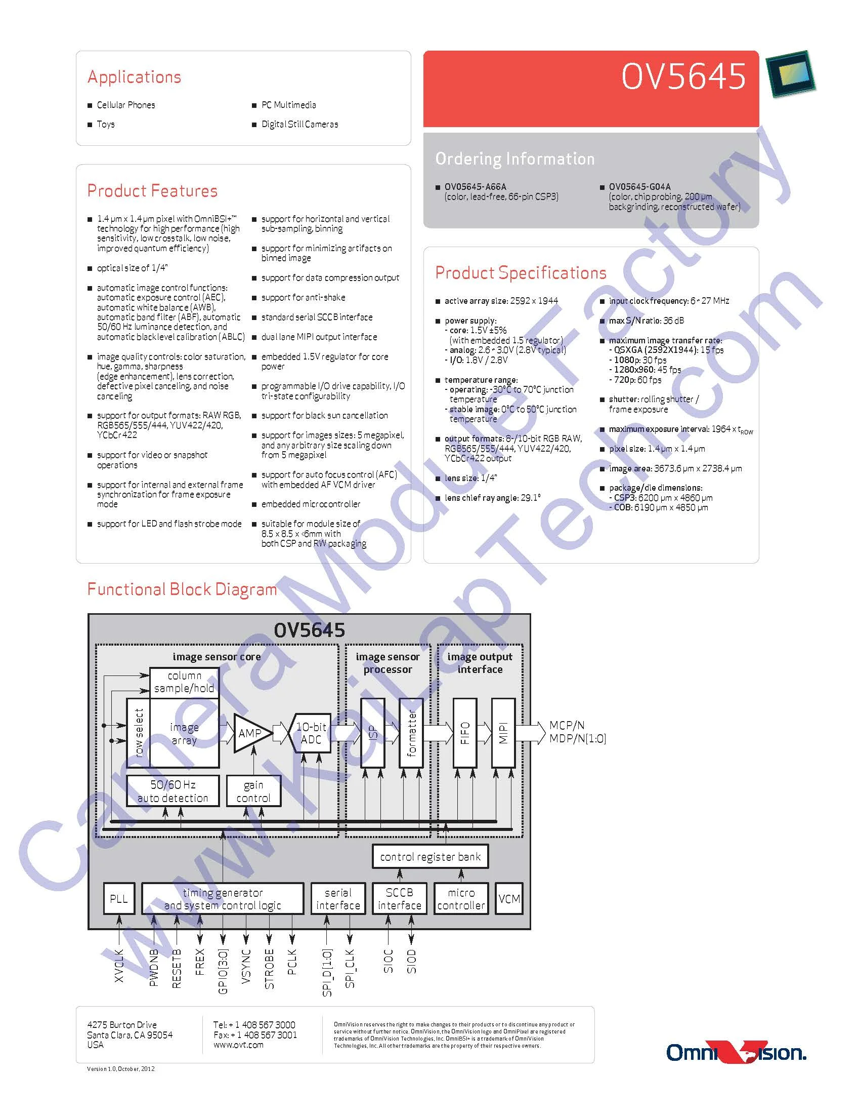 OmniVision OV5645 MIPI Interface Auto Focus 5MP Camera Module KLT-OV5645-Y660B V2.1