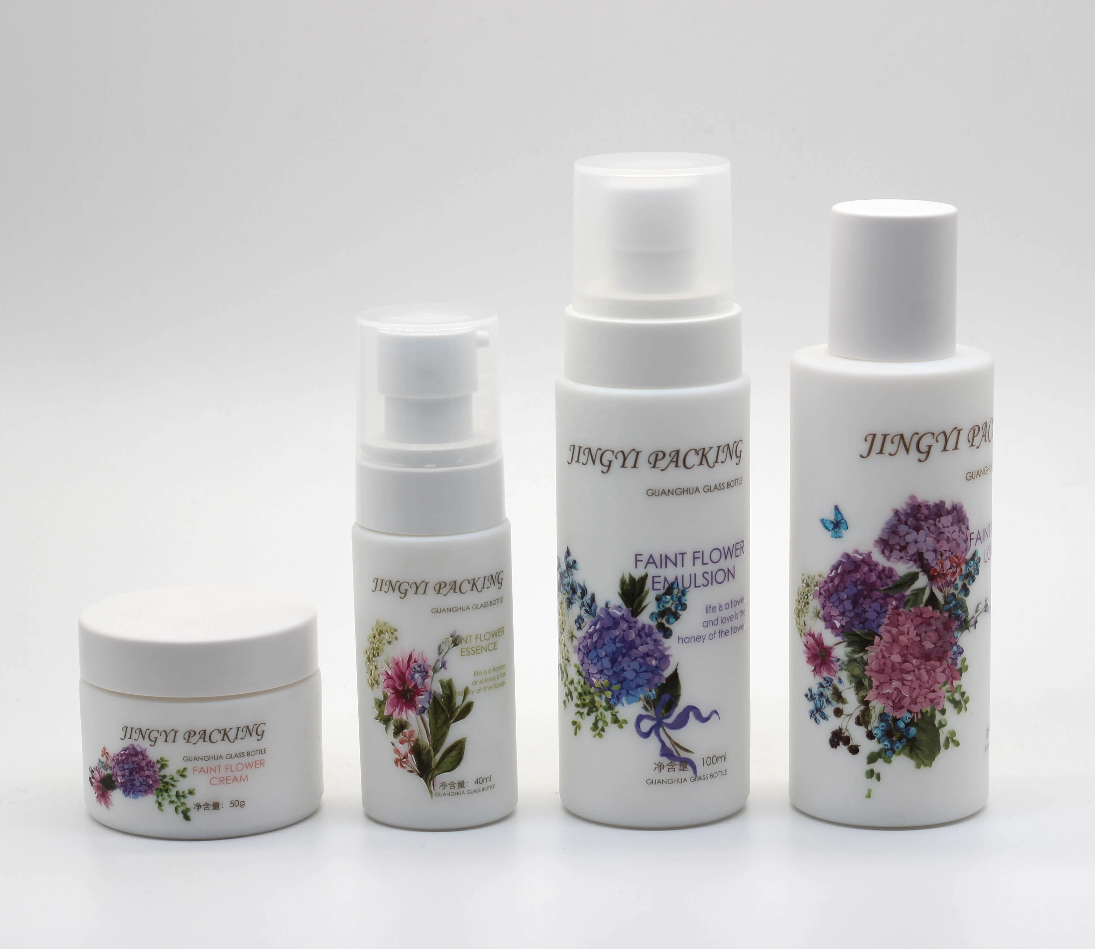 Luxury Recyclable white glass bottle with silk screen printing for skincare cosmetics packaging