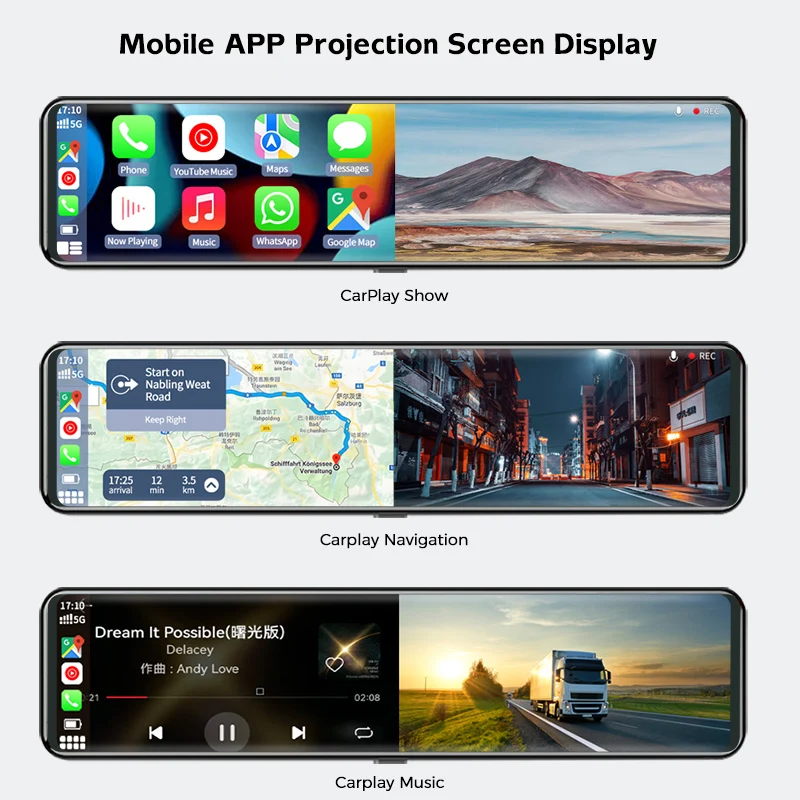 3 Cameras Dash Cam Carplay Android Auto 2.5k car dvr 1440P Rearview Mirror Video Recording WIFI