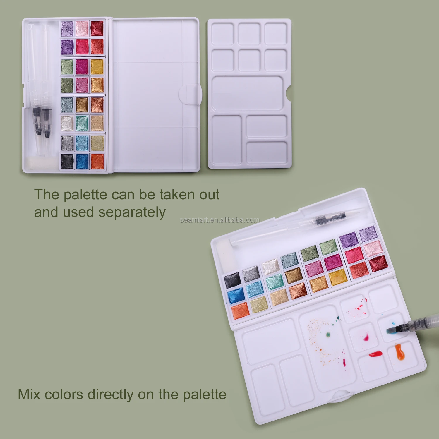 seamiart 24 Color Glittery solid watercolor kit pearl metallic paint pan Set with 2pc water brushpen &Palette acuarelas aquarela