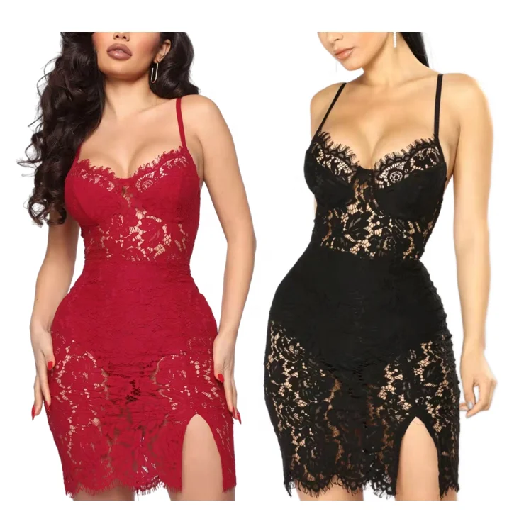 New lace sexy corset party dresses see through gown girls Evening split night body con club spaghetti strap dress plus size wear