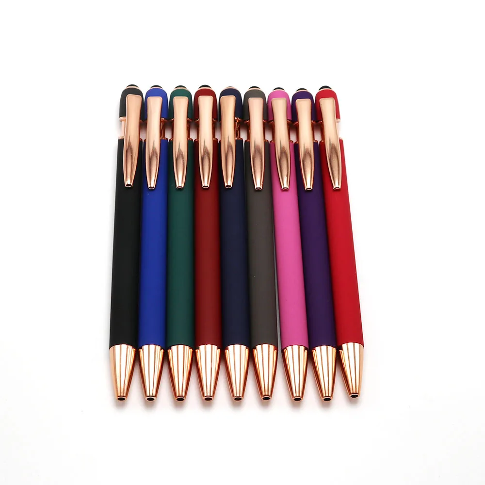 soft finished 2 in 1 promotional pen custom logo ballpoint pen stylus rose gold metal pens with custom logo