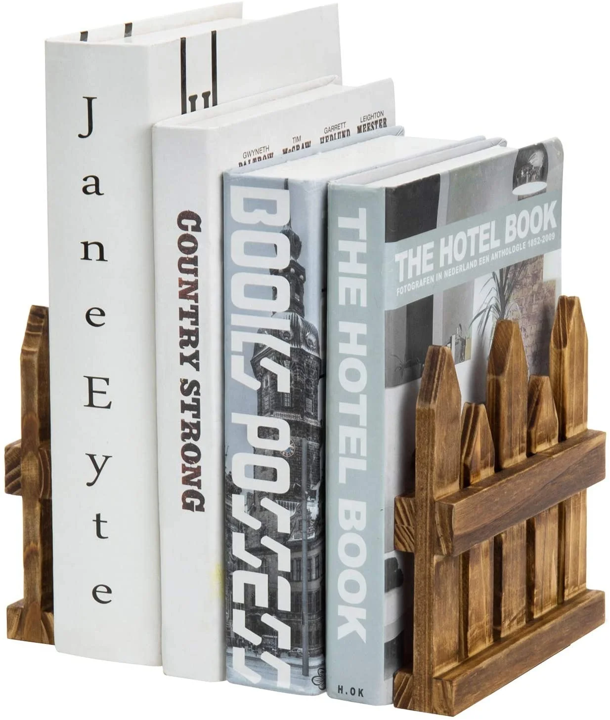 2 Piece Set Rustic Burnt Brown Wood Picket Fence Design Decorative Bookends