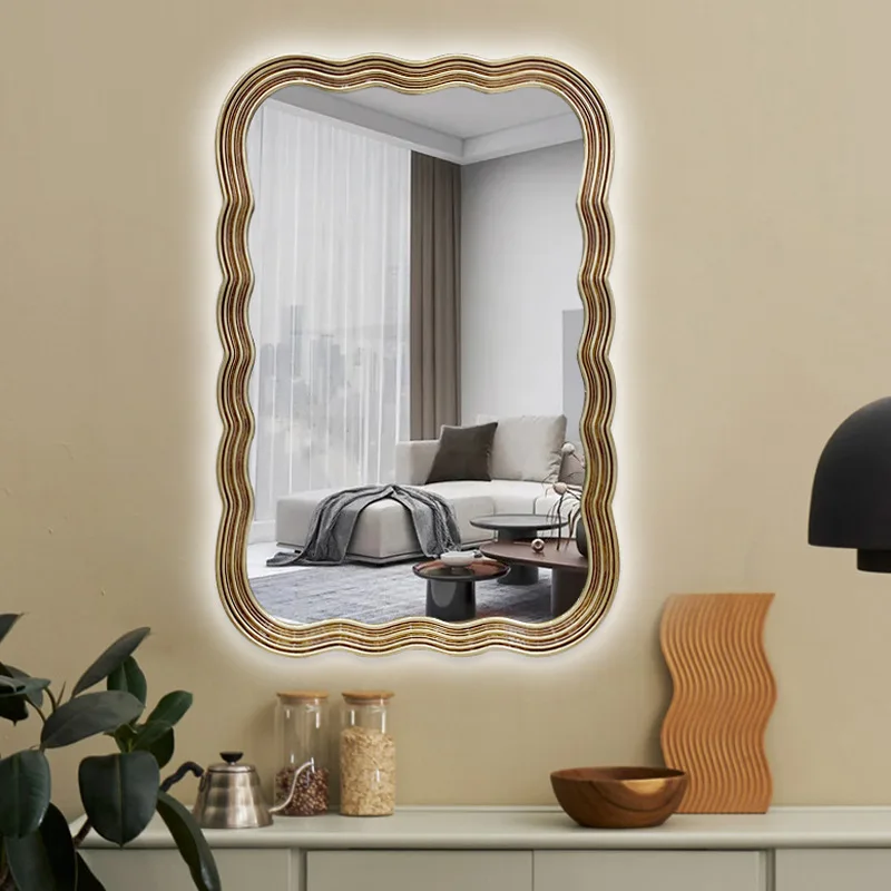 Customized vintage geometry wall decor frame arched gold charging makeup vanity mirror with LED lights for living room bathroom