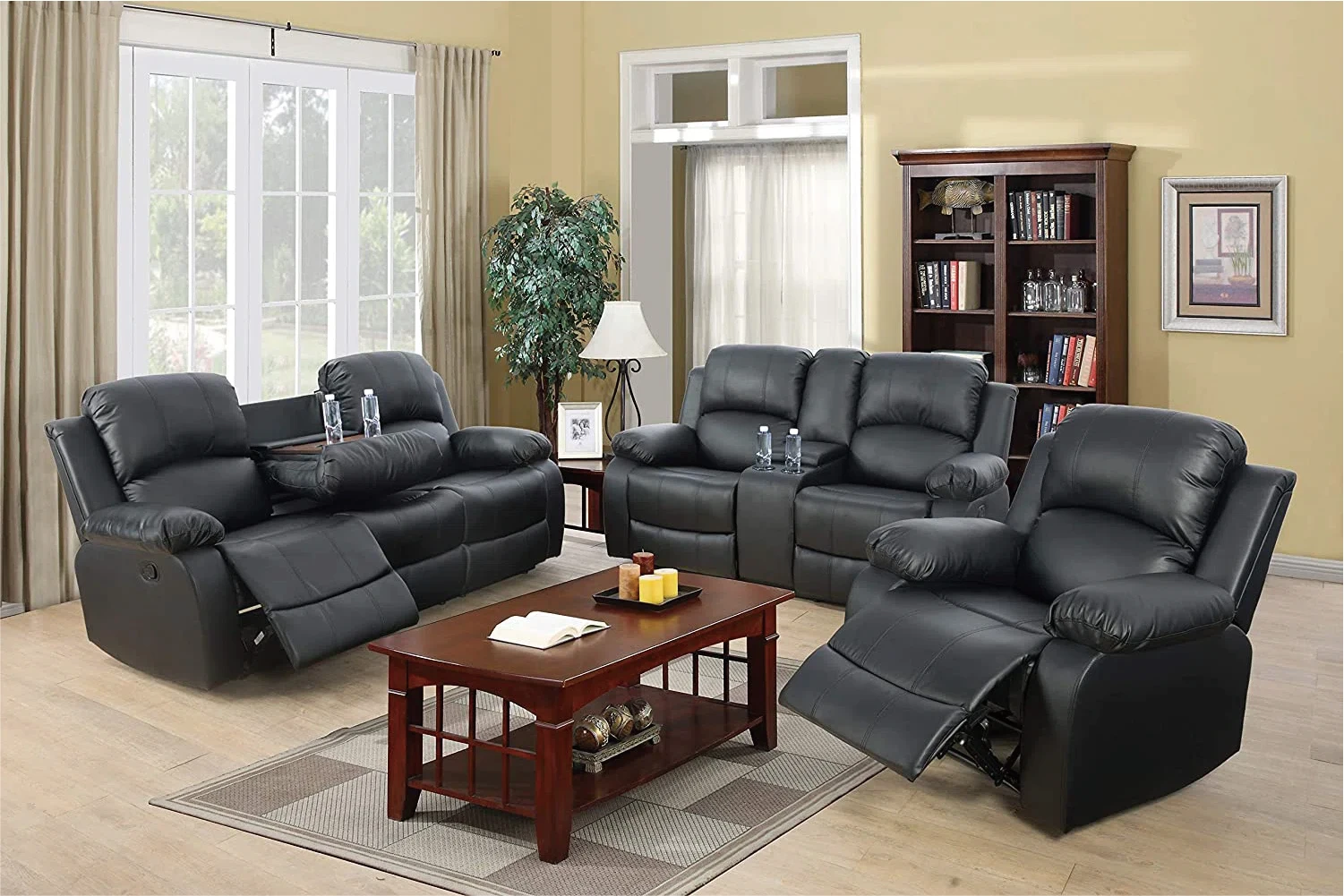 Sans Classic American Manual Air Leather 3+2+1 Recliner Sofa Set Reclining Living Room Set Motion Sofa With Drop Down Table