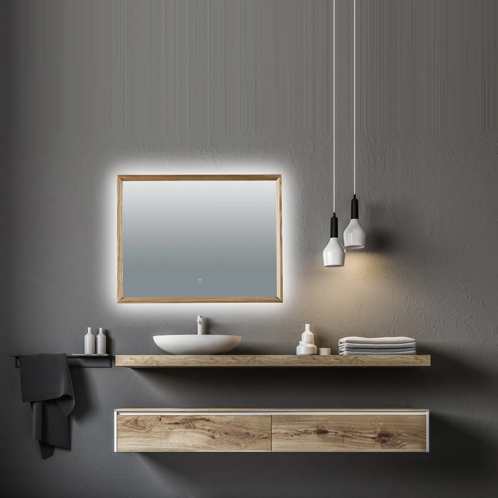 Wooden Framed Rectangular Design Wall Mounted Bathroom LED Mirrors
