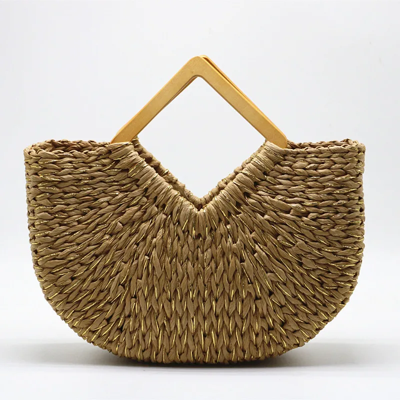 Wholesale Eco Friendly Lightweight Minimalist Handmade Woven Beach Beige Shoulder Wooden Handle Bag Straw Tote Bag
