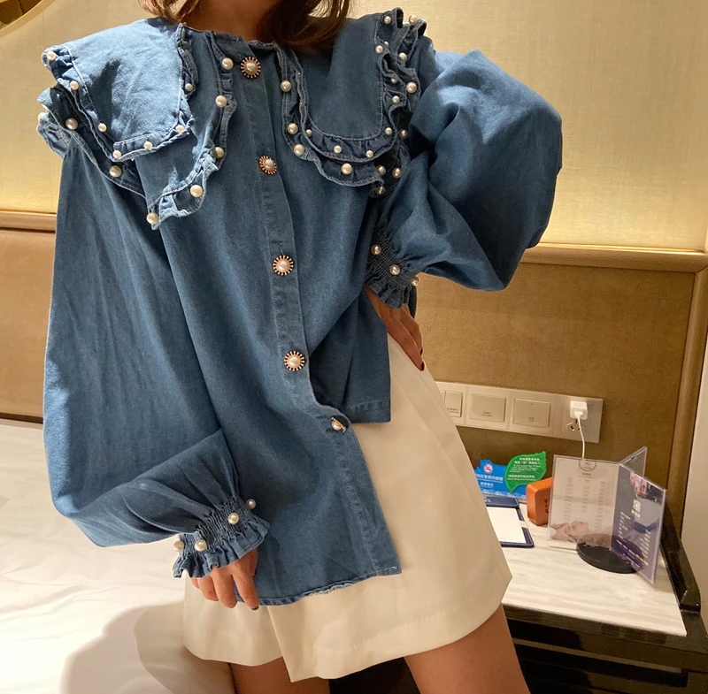 2024 Spring Fashion Streetwear Pearls Beading Layered Ruffled Collar Denim Blouse Women Blusas Lady Jean Shirt Top
