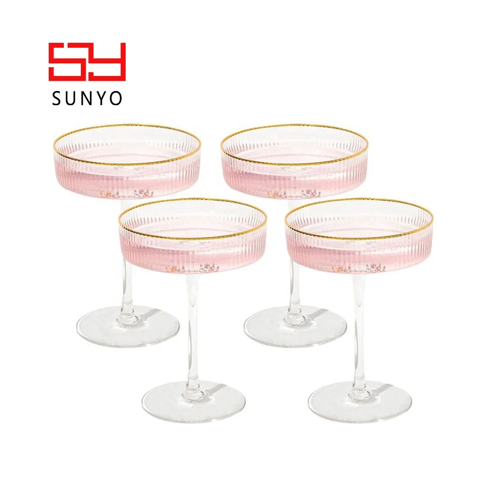 Classic Vintage Design Elegant Stripe Ribbed Coupe Cocktail Glass Leadfree Crystal Vintage Martini coloured glass cocktail set
