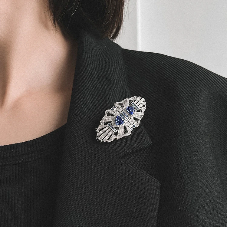 2023 New Sapphire Blue Vintage Silk Scarf Buckle Collar Clip 925 Sterling Silver double clip 2 in 1 brooch