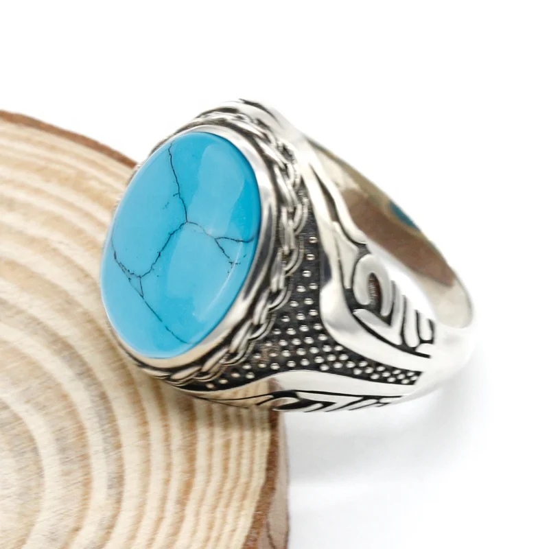 Wholesale S925 Silver Blue Turquoise Stone Rings for Men Turkish Jewelry