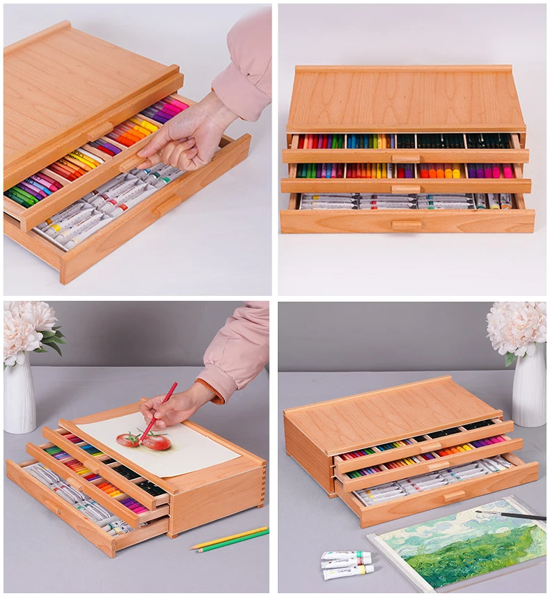Panwenbo 3-drawer Wood Artist Supply Storage Box Portable Beechwood Multifunctional Pencil Brush Organizer Wood Box with Drawer