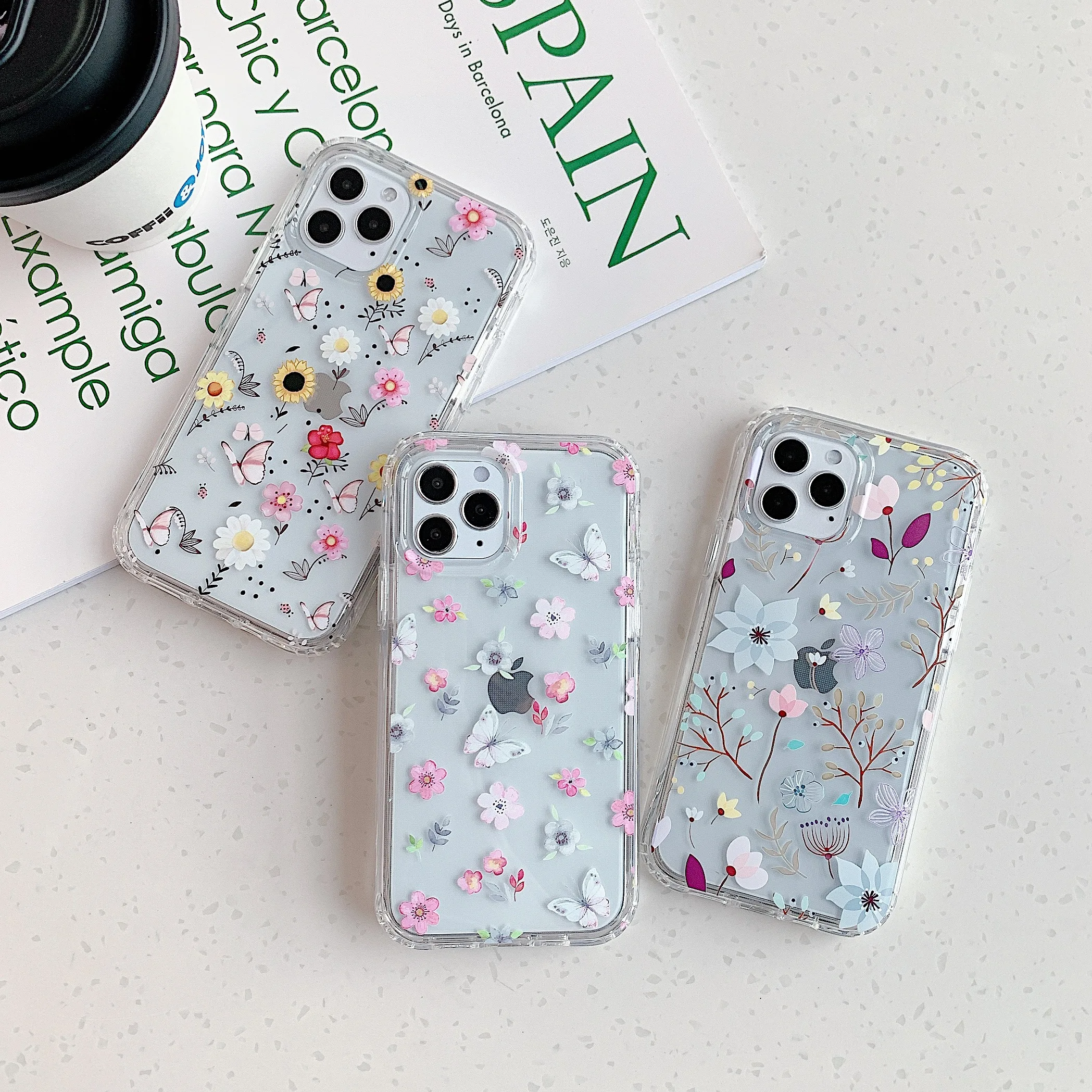 Heavy Duty Shockproof Hybrid TPU PC Clear Flower Phone Covers for iPhone 11 for iPhone 12 Pro Case for Women Girls