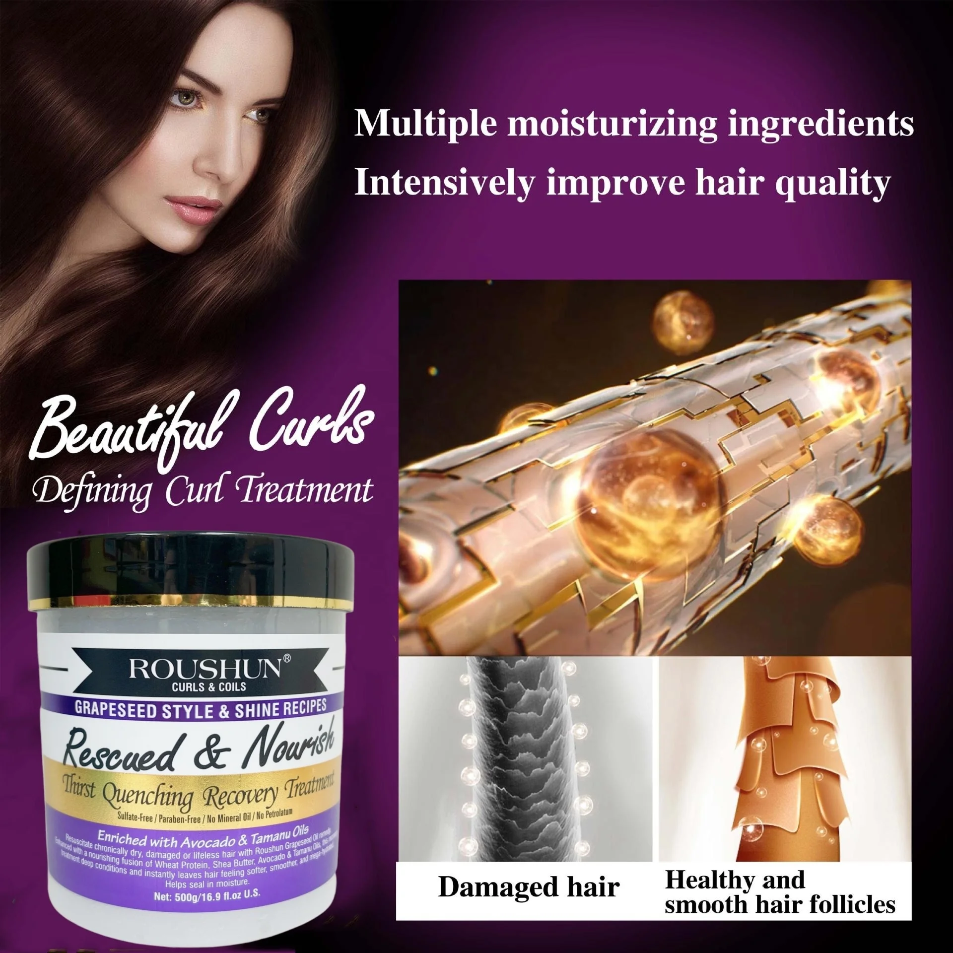 Roushun Curls&coils Grapeseed Style&shine Recipes Thirst Quenching Recovery HairTreament 500g