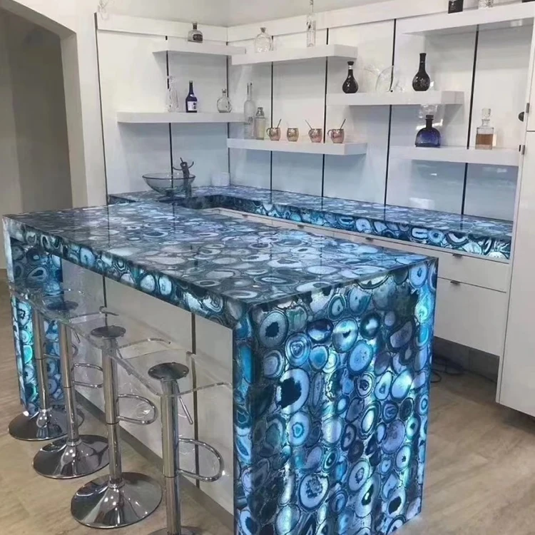 YDSTONE Backlit Blue Agate Countertop Natural Semi-Precious Stone Slab Composite With Polished Surface