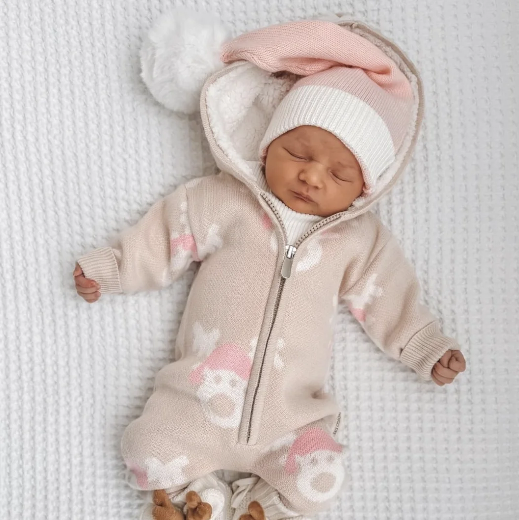 Newborn First Christmas Pink Pom Santa Beanie Oversized Long Knit Hat Perfect Headwear Accessory With Matching Booties Gift Set