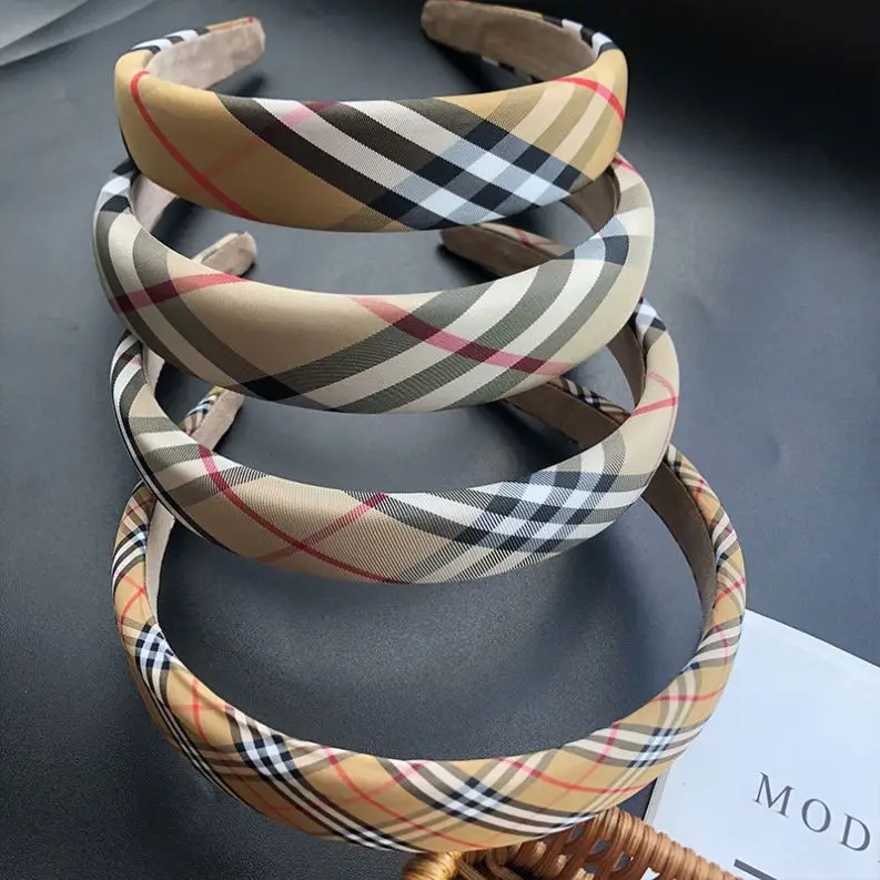 Hot sale Luxury B Brand Plaid Fabric Headband Designer Sponge Padded Retro Fall Winter Headwear For Women Girls Hair Accessories