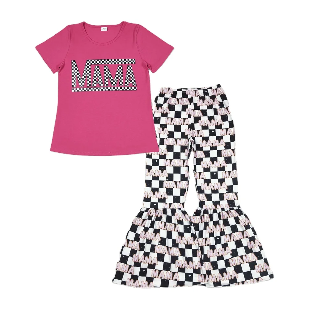 RTS Adult Women Mama Cotton Vinyl Short Sleeve Tee Shirts Top Bell Bottom Pants Mommy and Me Kids Outfits Clothes Sets