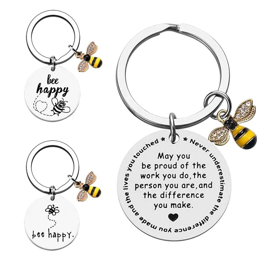 Personalized Custom Logo Stainless Steel Key Ring Bag Charm Be Happy Honey Bee Keychain Accessories