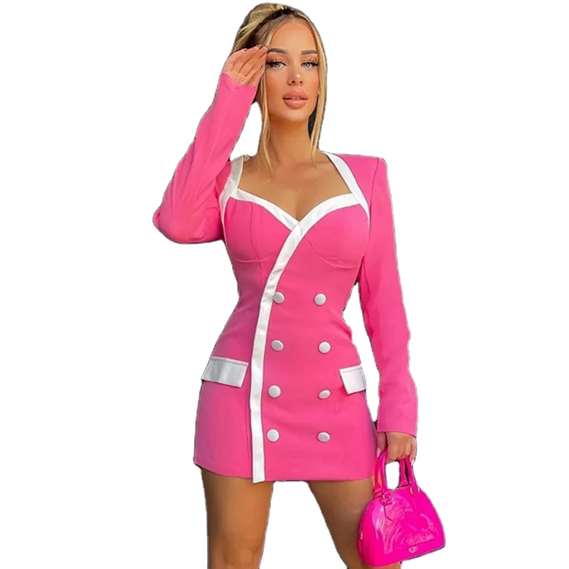 Autumn/winter square collar matching color double-breasted long-sleeved commuter dress