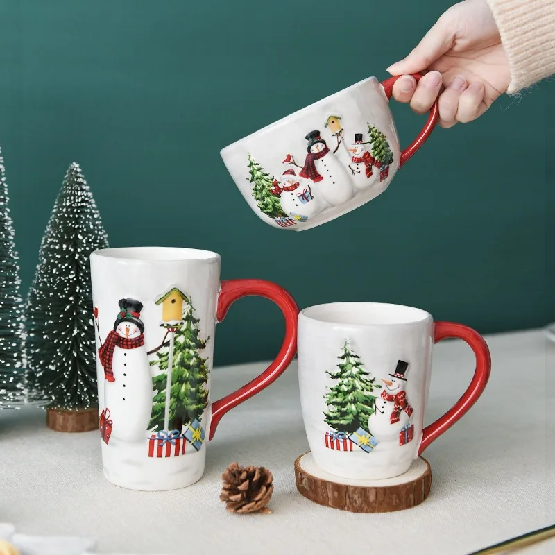 1pc, Christmas snowman ceramic coffee embossed tableware, household water cup, holiday gift ideas.