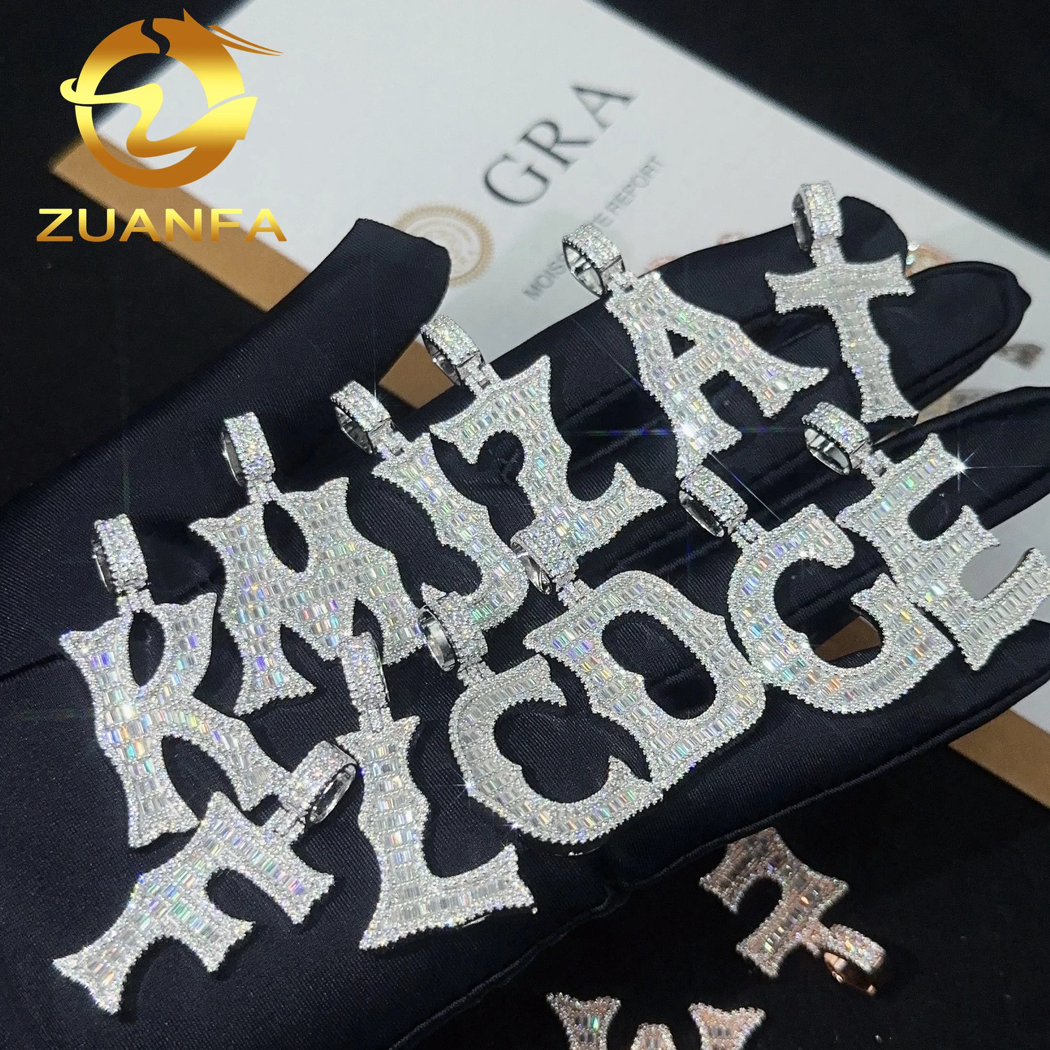 20 Letters  New Arrival Baguete cut Iced out Pendant 925 silver Moissanite Hip hop Letter Pendant Necklace Pass diamond Tester
