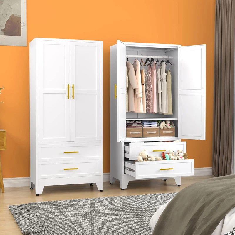 Metal Armoire Wardrobe Closet for Bedroom Cloak Room 2 Drawer Wardrobe White Fashion 2 Door Armoire with Hanging Rod