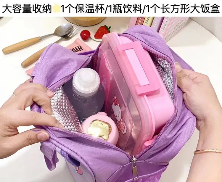 Kawaii Sanrioed Kuromi Lunch Bag My Melody Cinnmoroll Travel Thermal Breakfast Box School Child Large Capacity Tote Food Bag