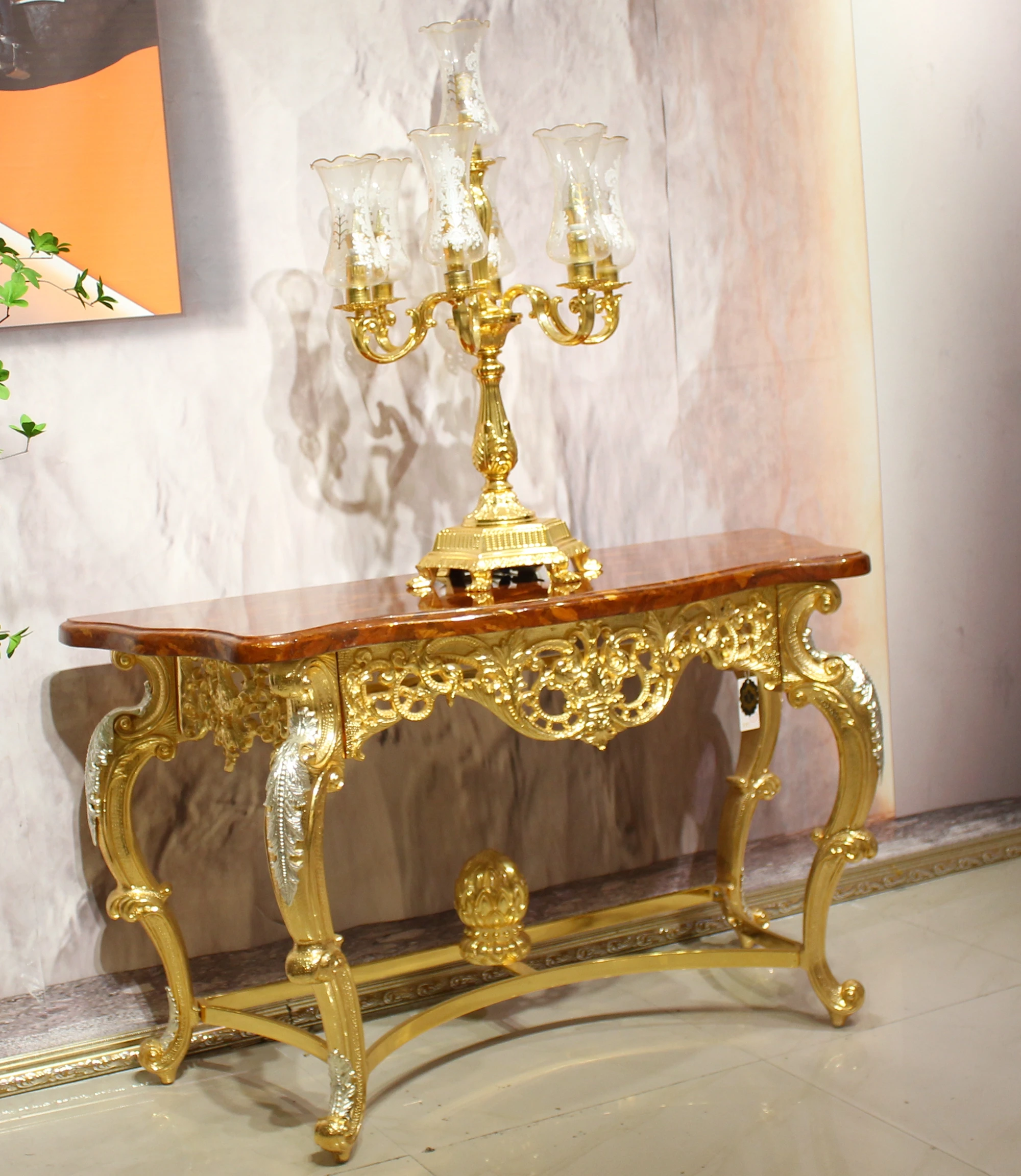 Retro Luxury Porch Italian  Classic Console Golden Copper Corridor Console Table