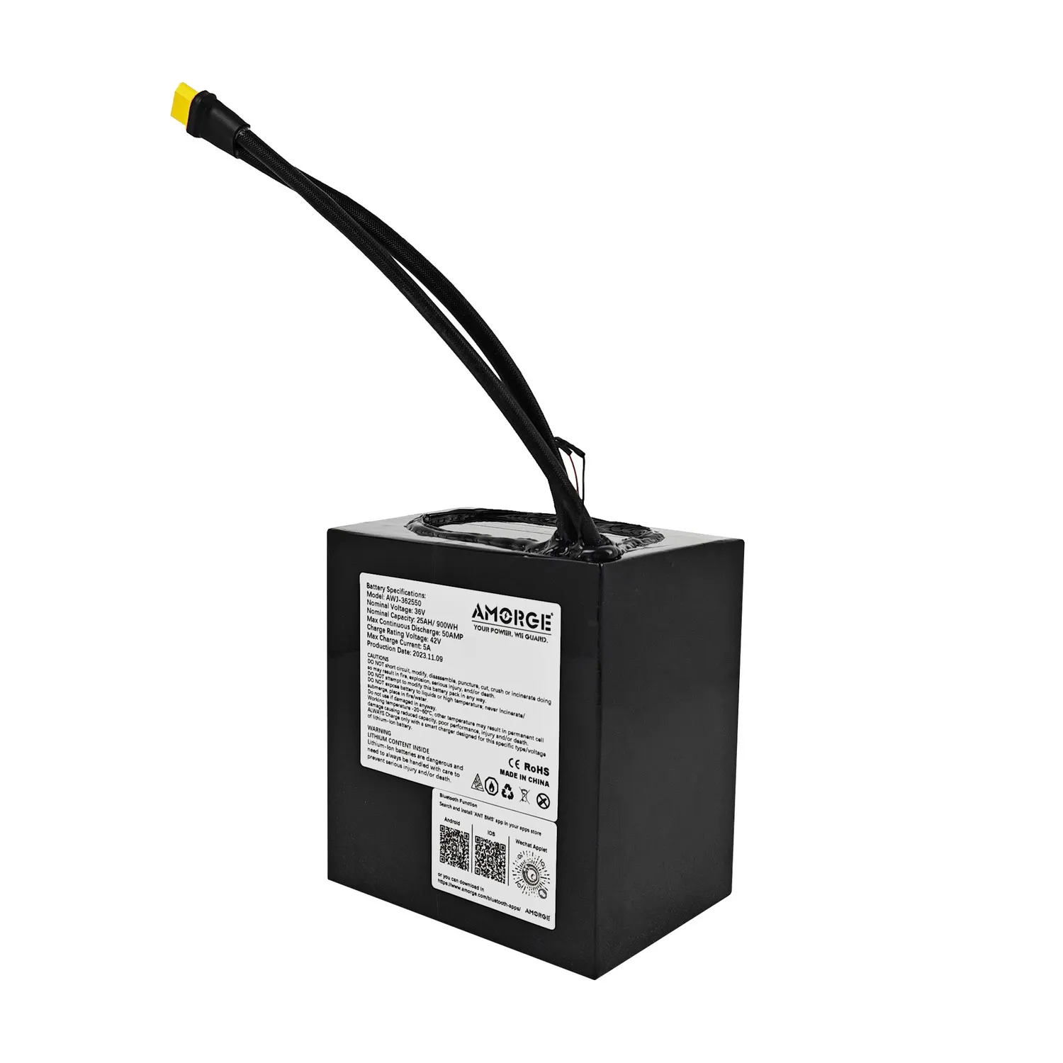 AMORGE 36V 25AH 50AMP Lithium Battery Pack with ANT Bluetooth BMS
