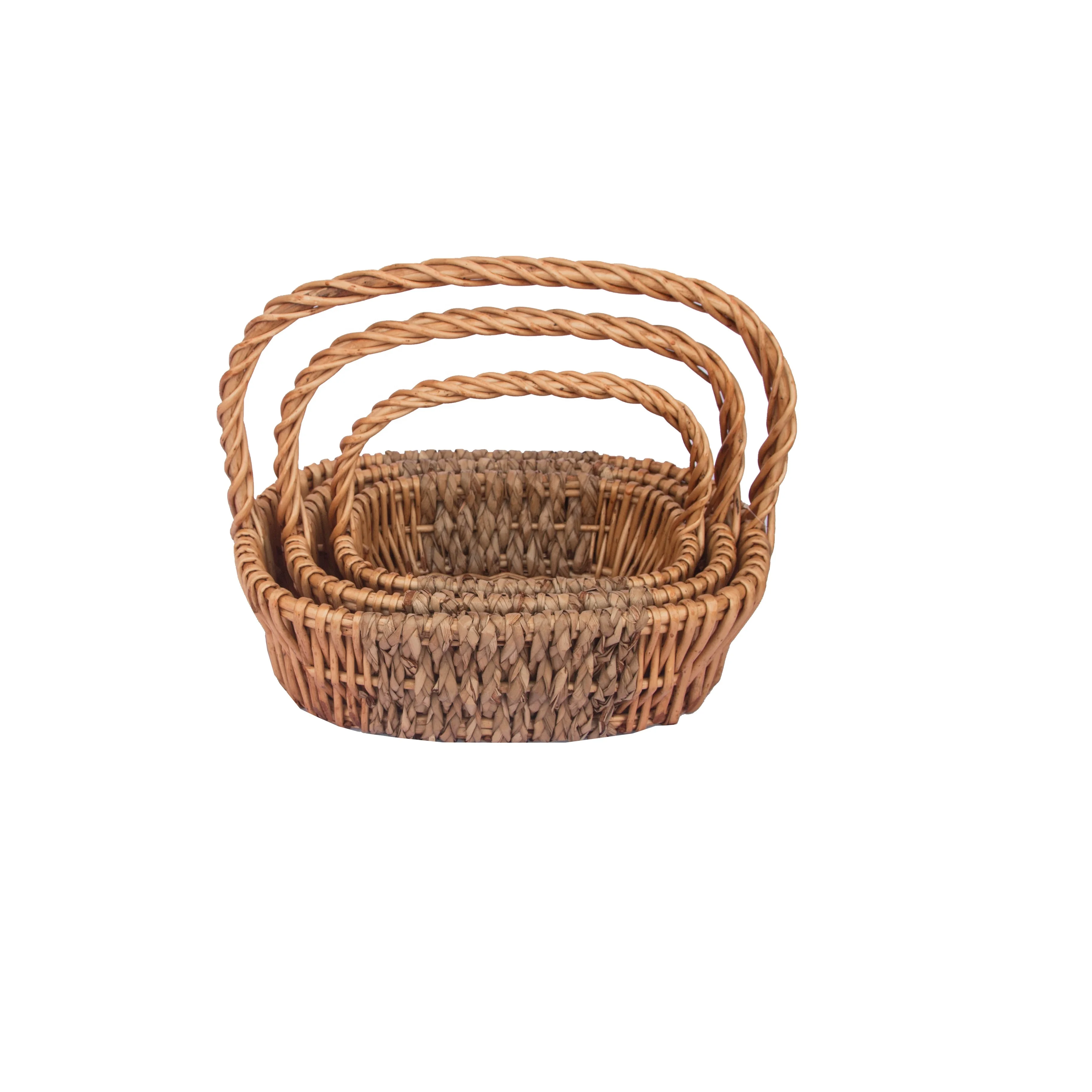 Handmade woven willow wicker and woodchip basket decorative gift baskets hamper with handle set of 3