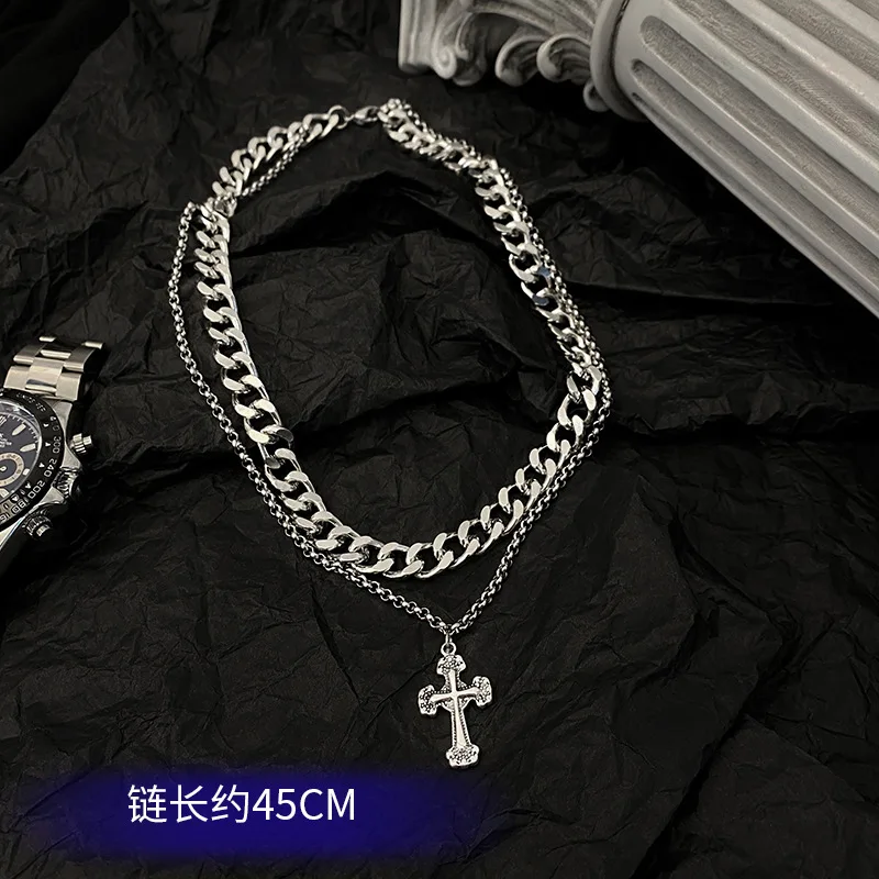 New Personalized Stainless Steel Cuban Chain Double layered Cross Pendant for Men and Women Street Hip Hop Rock Necklace