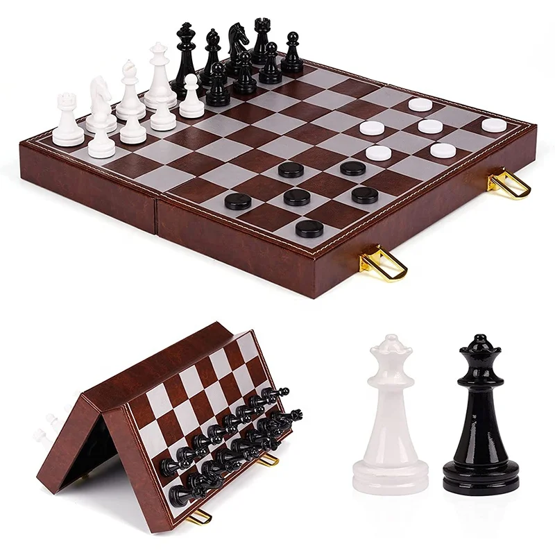 Magnetic Chess Set Checkers Game Set for Adults Kids (2 in 1) Magnetic Chess Pieces & Portable Folding Leather Chess Board