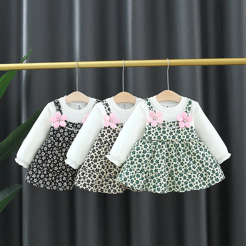 floral skirt for girls baby fall dress long Sleeve solid patchwork suspender with flower and pearls (1600577799749)