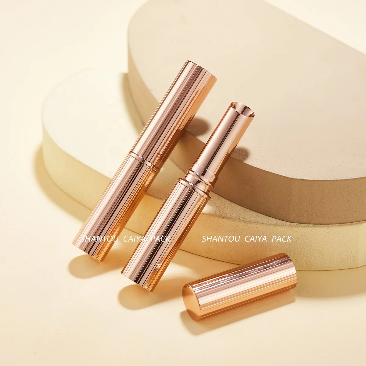 CAIYA Stripe Style Round Slim Metal Aluminum Lipstick Tube 9mm Luxury Glossy Rose Gold Emtpy Chapstick Lip Balm Containers
