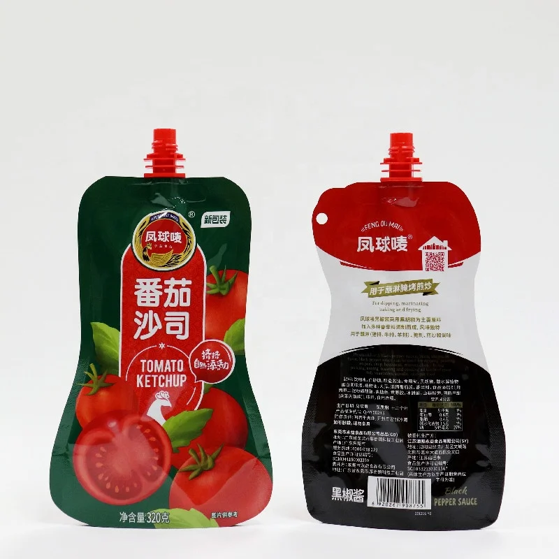 Custom Printed Free Shape Stand Up Spout Pouch Ketchup Black Pepper Sauce Juice Food Top Spout Packaging Bag