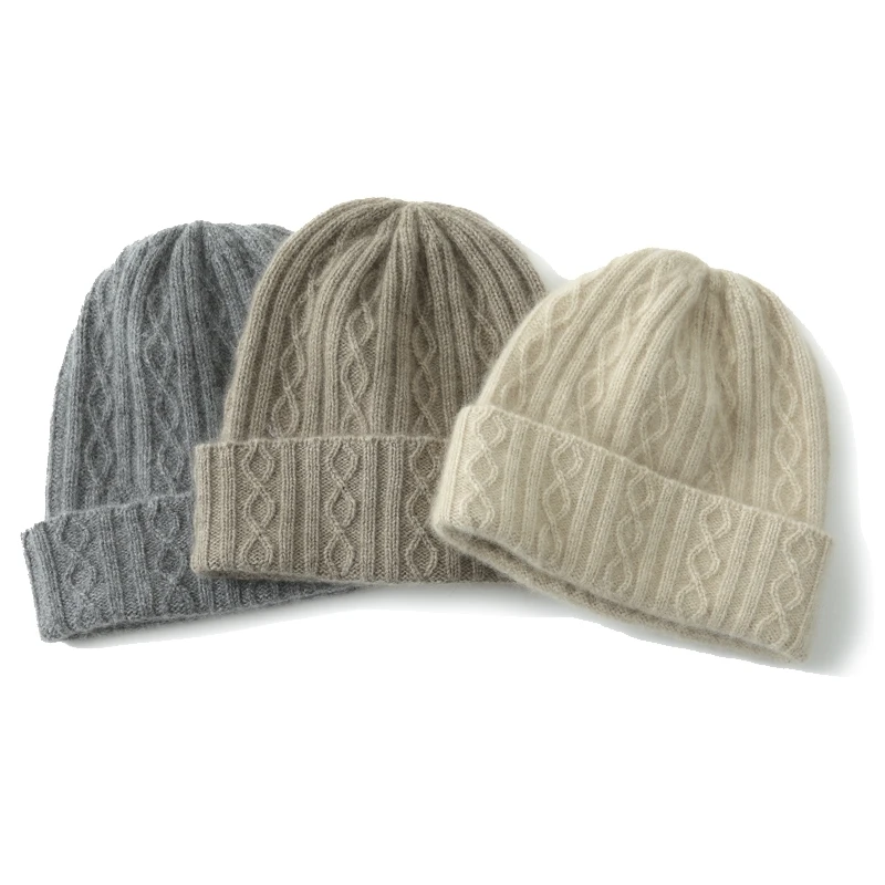custom embroidery logo cable knitted hat 100% pure cashmere beanie hats