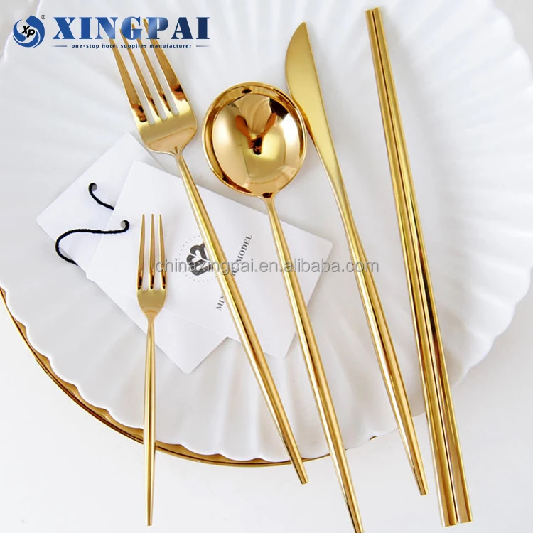 XINGPAI Five Star Hotel Stainless Steel Flatware Luxury Cutlery Golden Dessert Knife Fork Spoon Set for Buffet Catering