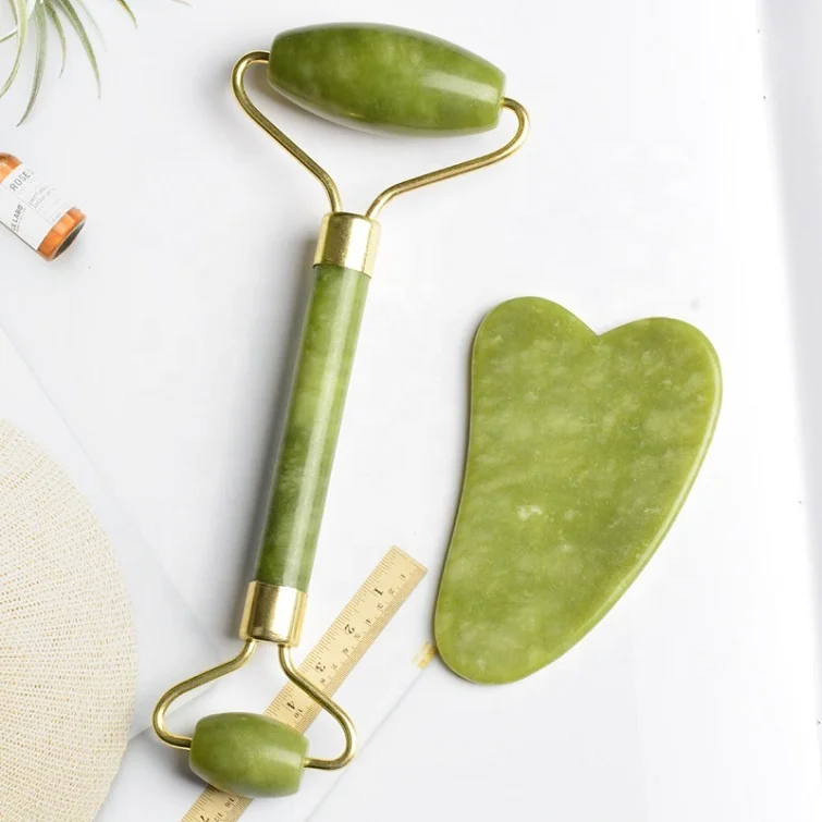 Private Label Skin Lifting Facial Massager Natural Gemstone Green Jade Roller Gua Sha Set