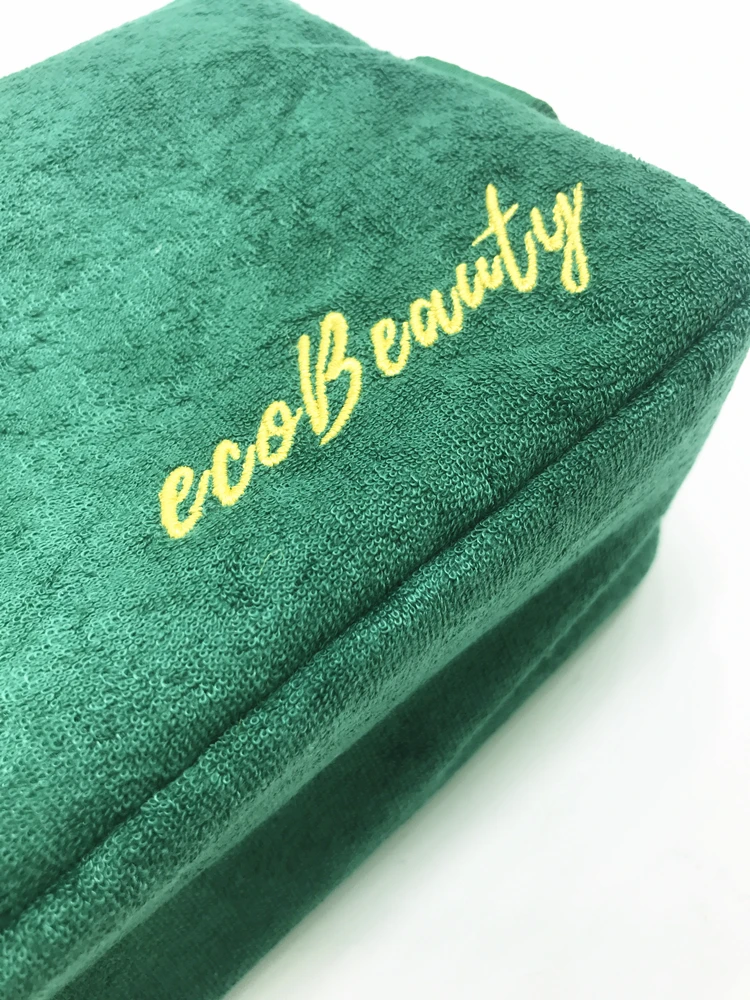  Eco friendly darker green RPET terry cloth makeup bags sustainable towel cosmetic pouch for